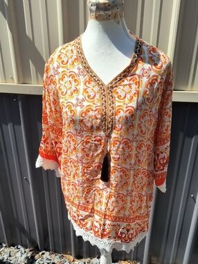 Boho Orange Floral V-Neck Tunic with Tassel and Crochet Trim